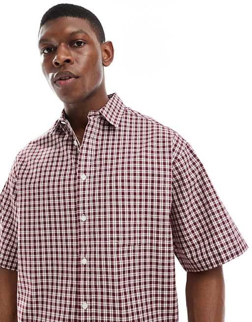 DESIGN Cropped Oversized Shirt In Burgundy Check