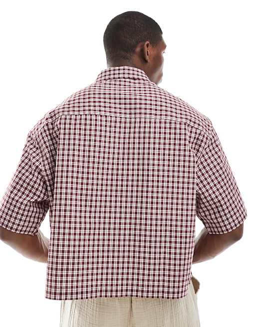 DESIGN Cropped Oversized Shirt In Burgundy Check