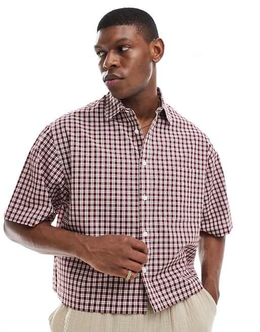 DESIGN cropped oversized shirt in burgundy check