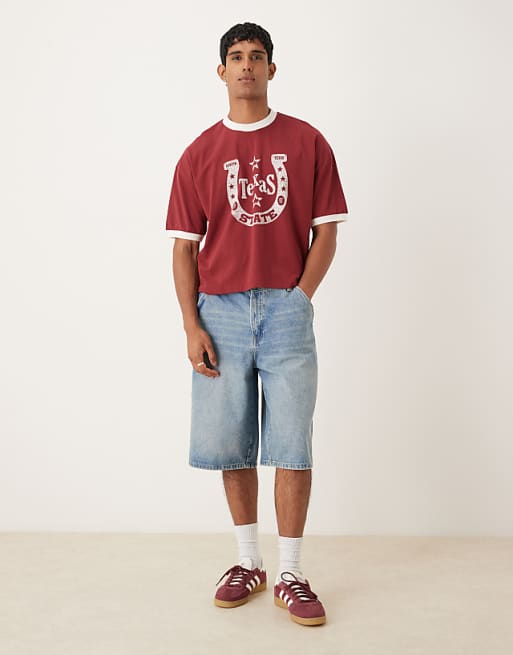 DESIGN Cropped Oversized T-shirt With Horse Shoe Graphic In Rusty Red