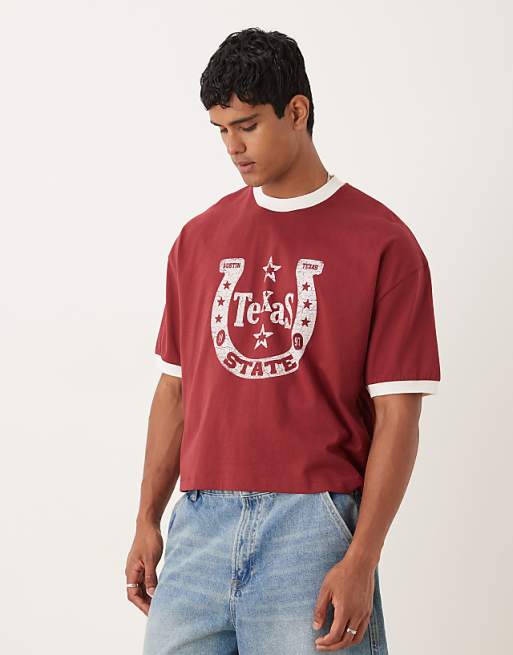 DESIGN cropped oversized t-shirt with horse shoe graphic in rusty red