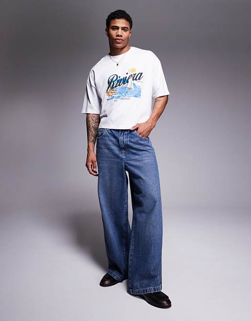 DESIGN Cropped Oversized T-shirt With Sailing Graphic In White
