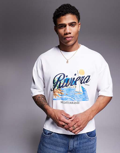 DESIGN cropped oversized t-shirt with sailing graphic in white