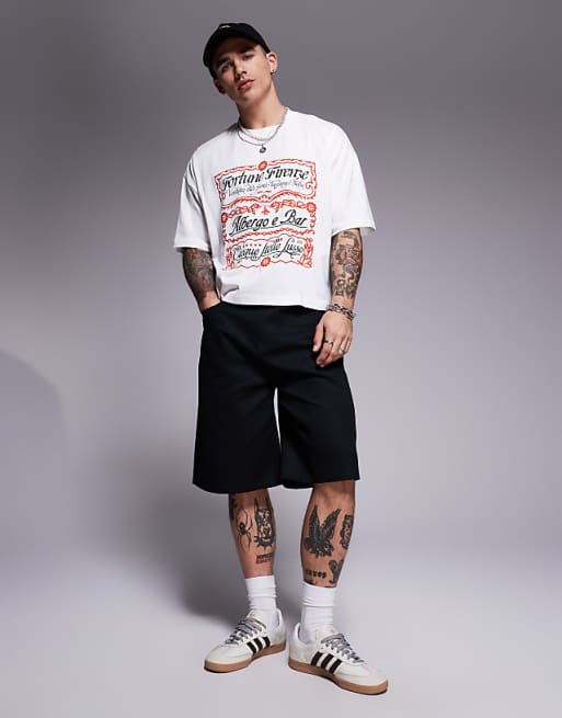 DESIGN Cropped Oversized T-shirt With Text Graphic In Off White