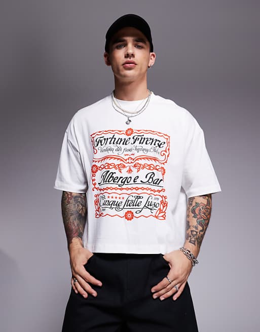 DESIGN cropped oversized t-shirt with text graphic in off white