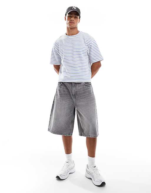 DESIGN Cropped Relaxed T-shirt In Heavyweight Blue Textured Stripe