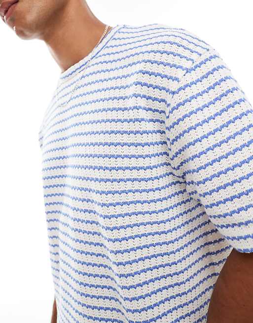 DESIGN Cropped Relaxed T-shirt In Heavyweight Blue Textured Stripe