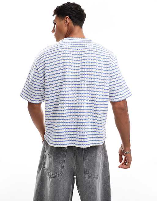 DESIGN Cropped Relaxed T-shirt In Heavyweight Blue Textured Stripe