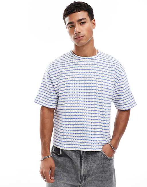 DESIGN cropped relaxed t-shirt in heavyweight blue textured stripe