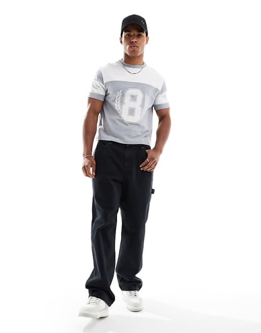 DESIGN Cropped Standard Fit T-shirt With Sports Graphic And Panelling In Grey