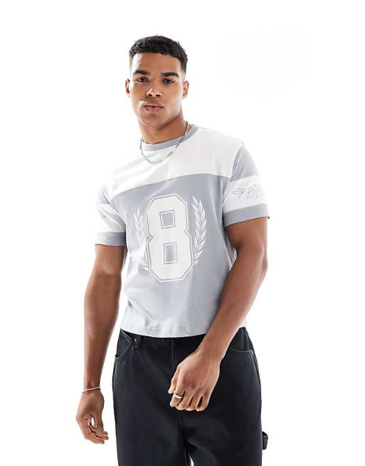 DESIGN cropped standard fit t-shirt with sports graphic and panelling in grey