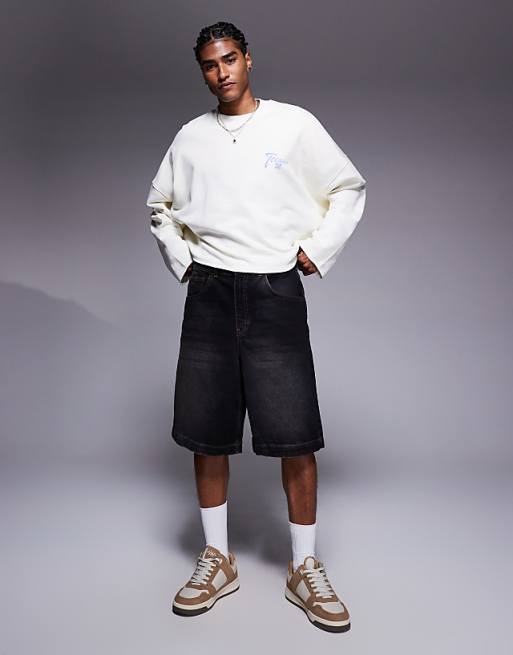 DESIGN Cropped Sweatshirt With Raw Hem With Chest Print In White