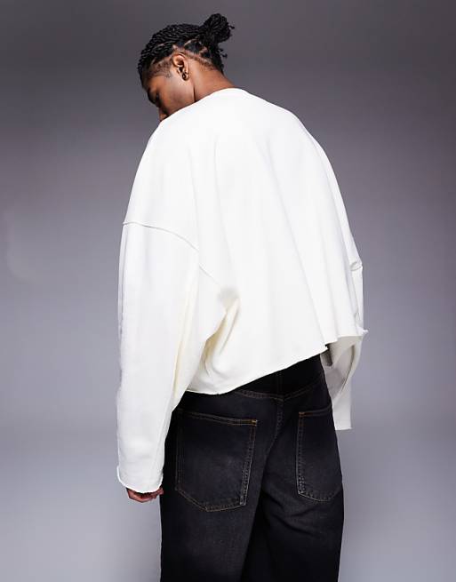 DESIGN Cropped Sweatshirt With Raw Hem With Chest Print In White