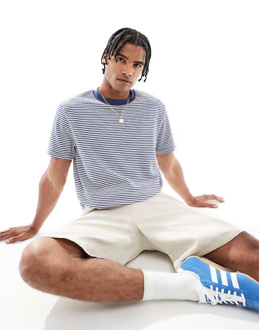 DESIGN cropped t-shirt in blue and white stripe
