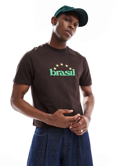 DESIGN Cropped T-shirt With Brasil Sports Graphic In Brown