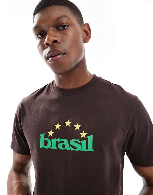 DESIGN cropped t-shirt with Brasil sports graphic in brown