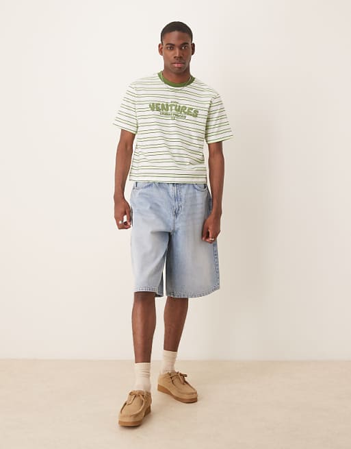 DESIGN Cropped T-shirt With Puff Text Graphic In Green Stripe