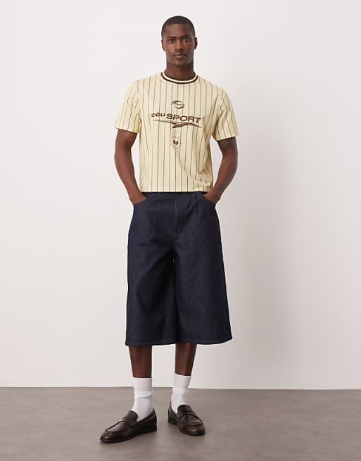 DESIGN Cropped T-shirt With Stripe And Graphic In Cream Sports Fabric