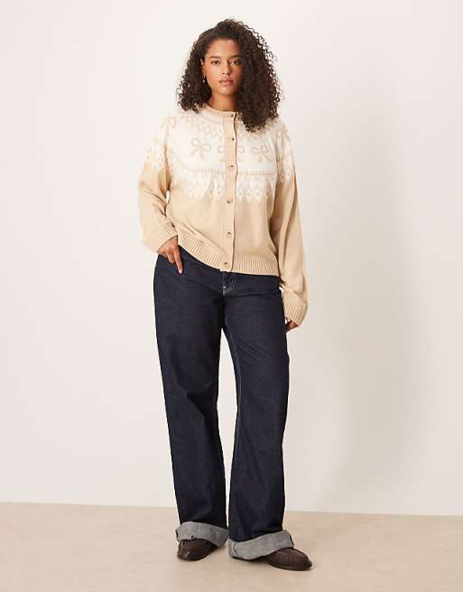 DESIGN Curve Bow Detail Yoke Cardigan In Beige