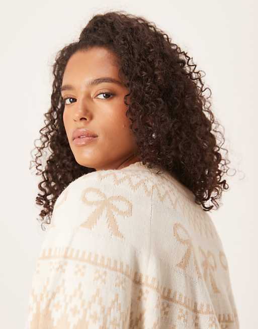 DESIGN Curve Bow Detail Yoke Cardigan In Beige