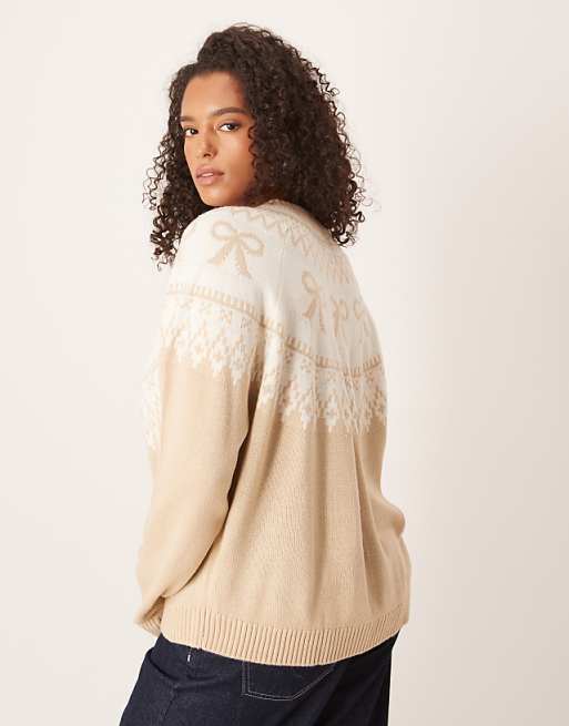 DESIGN Curve Bow Detail Yoke Cardigan In Beige
