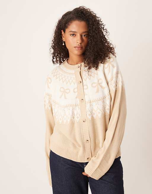DESIGN Curve bow detail yoke cardigan in beige