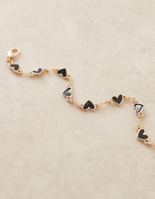 DESIGN Curve Chain Bracelet With Black Enamel Heart Details In Gold Tone
