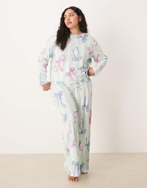 DESIGN Curve Christmas Bow Long Sleeve Top & Trouser Pyjama Set In Blue Stripe