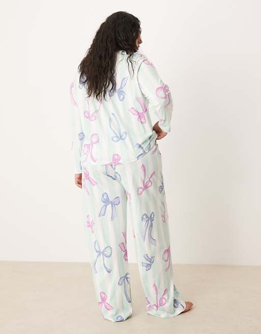 DESIGN Curve Christmas Bow Long Sleeve Top & Trouser Pyjama Set In Blue Stripe