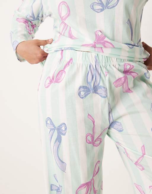 DESIGN Curve Christmas Bow Long Sleeve Top & Trouser Pyjama Set In Blue Stripe
