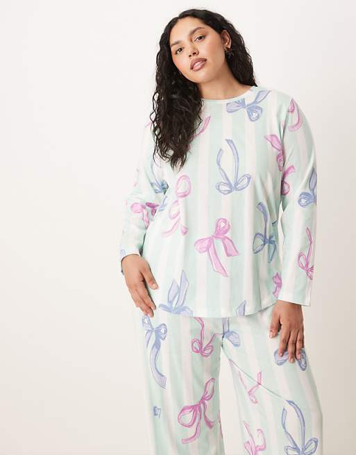 DESIGN Curve Christmas bow long sleeve top & trouser pyjama set in blue stripe