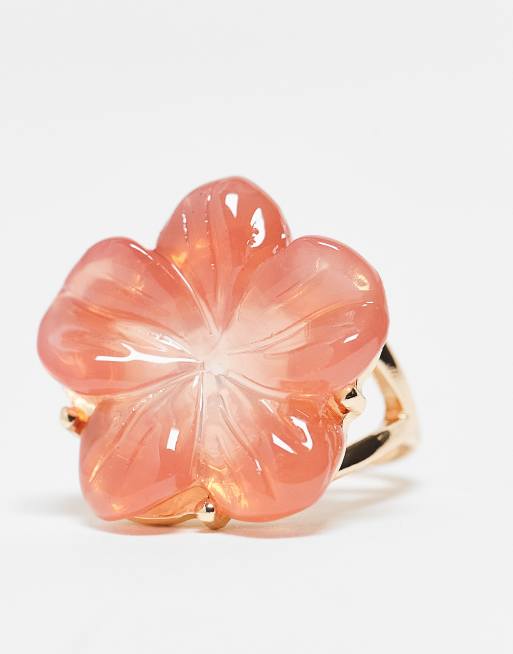 DESIGN Curve Hibiscus Flower Ring In Pink Resin And Gold Tone