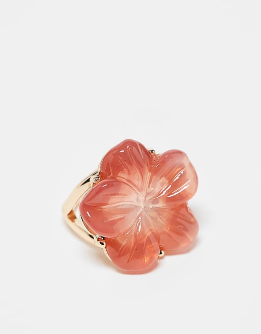 DESIGN Curve hibiscus flower ring in pink resin and gold tone