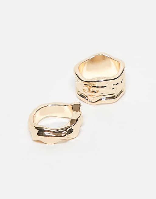 DESIGN Curve pack of 2 rings with molten detail in gold tone