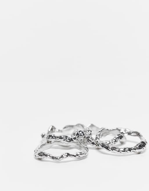 DESIGN Curve Pack Of 4 Stacking Rings In Hammered Design In Silver Tone