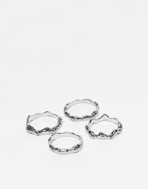 DESIGN Curve pack of 4 stacking rings in hammered design in silver tone
