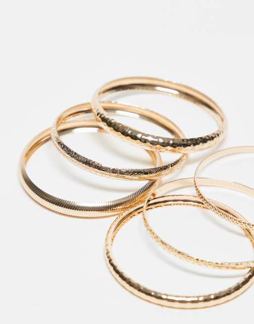 DESIGN Curve Pack Of 6 Bracelets In Mixed Hammered Design In Gold Tone