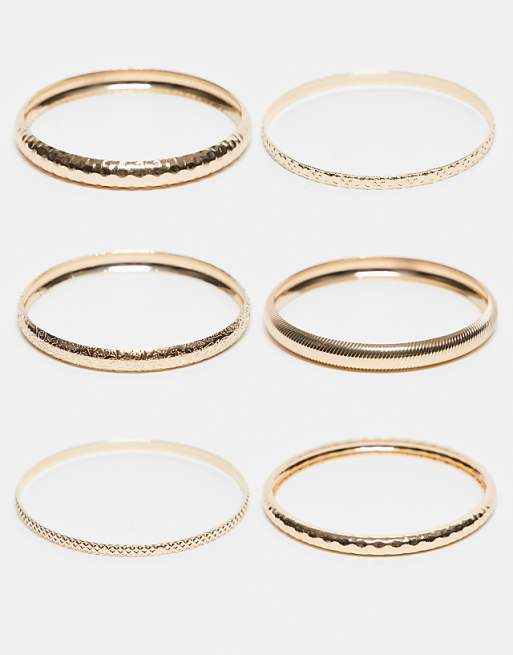 DESIGN Curve pack of 6 bracelets in mixed hammered design in gold tone
