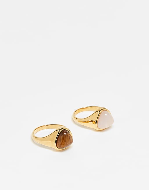 DESIGN Curve stainless steel 2 pack of rings with semi precious stones in gold tone