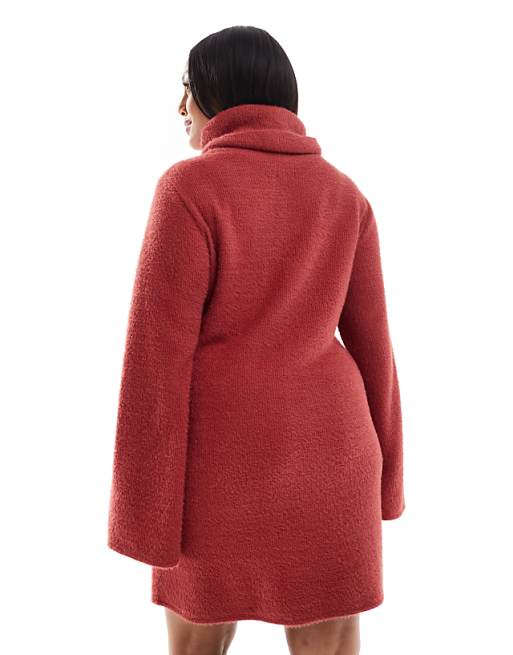 DESIGN Curve Supersoft Fluffy Roll Neck Mini Jumper Dress Rust