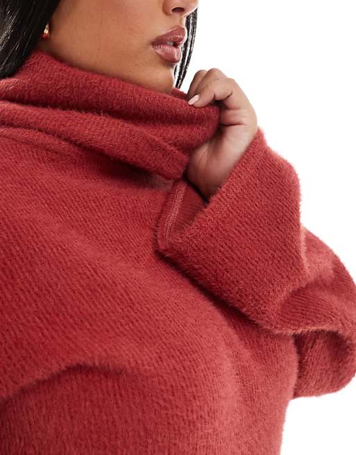 DESIGN Curve Supersoft Fluffy Roll Neck Mini Jumper Dress Rust