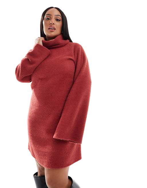 DESIGN Curve Supersoft Fluffy Roll Neck Mini Jumper Dress Rust
