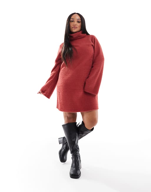DESIGN Curve supersoft fluffy roll neck mini jumper dress rust