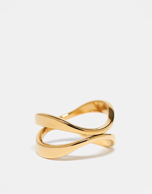 DESIGN Curve waterproof stainless steel ring with cross-over design in gold tone