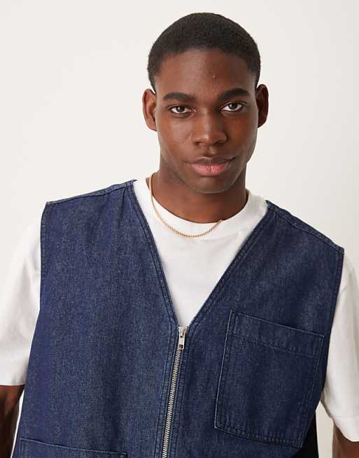 DESIGN Denim Gilet With Patch Pockets In Raw Wash
