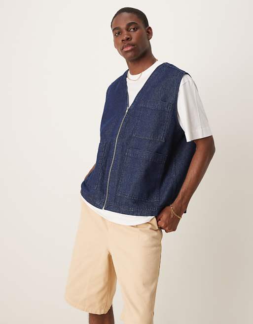 DESIGN Denim gilet with patch pockets in raw wash
