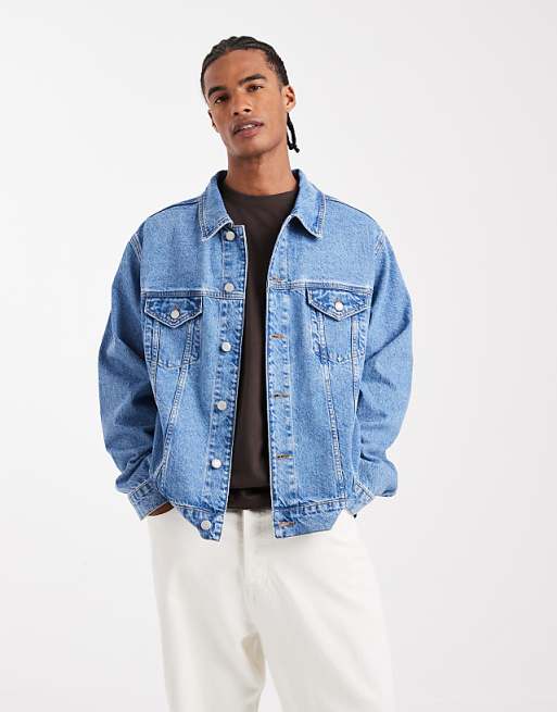 DESIGN denim trucker jacket in mid wash blue