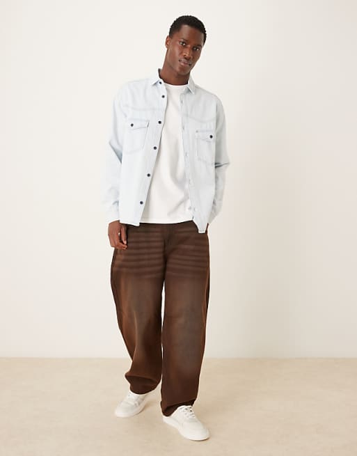 DESIGN Denim Western Shirt In Lightwash Blue