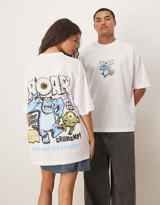 DESIGN Disney Pixar unisex oversized t-shirt with Monsters Inc print in white - WHITE