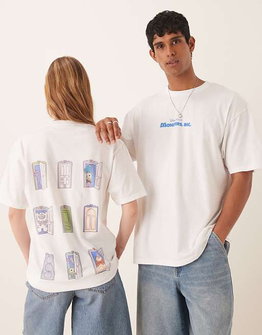 DESIGN Disney Pixar Unisex Oversized T-shirt With Monsters Inc Multi Prints In White